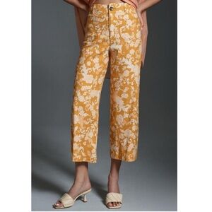 Anthropologie Maeve‎ The Colette Cropped Wide-Leg Linen Pants Maize Floral Sz 26